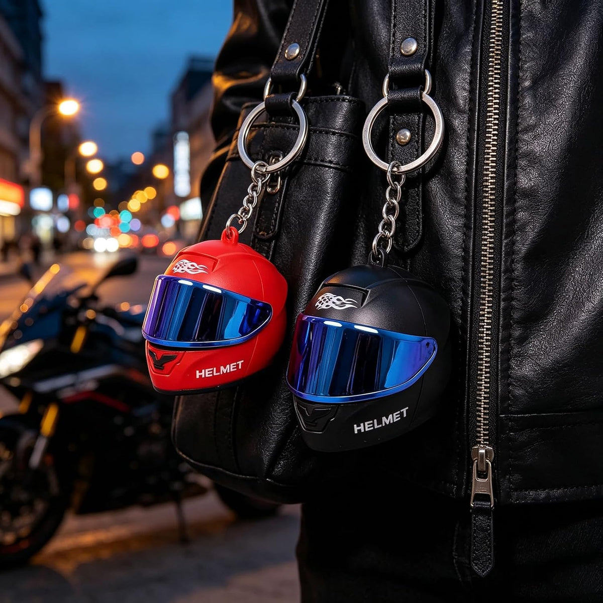 Mini Motorcycle Helmet Keychain Set